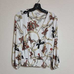 White House Black Market Chain Print Blouse - White, Black, Red, Gold